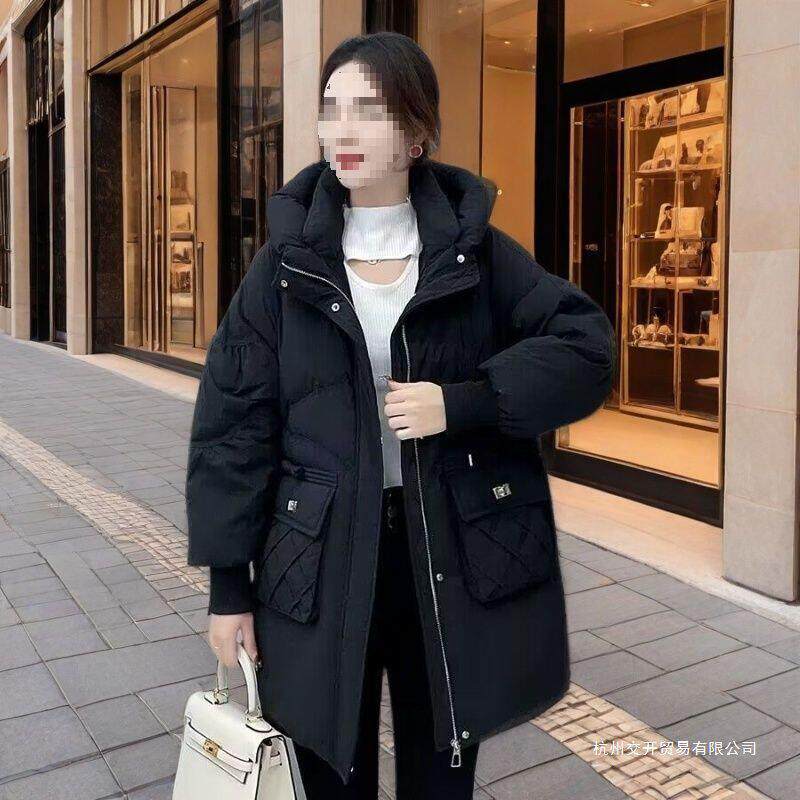 现货2026新连帽中长款羽绒棉衣2026冬季女冬装菠萝口袋宽松大码