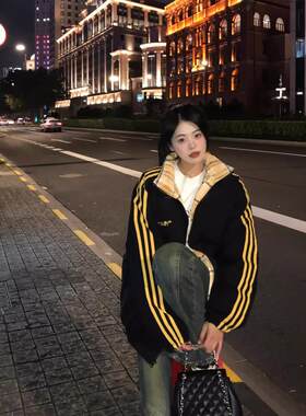 2025年新款拼接条纹羽绒棉服女冬季外套韩版宽松加厚面包服棉衣潮