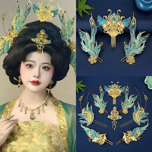 古风精卫神女汉服头饰羽毛发饰发冠发钗配饰蓝绿重工公主套装