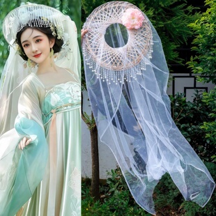 古风汉服百搭花朵流苏杨柳丝斗笠绢纱帽古装造型气质清新花朵面帘