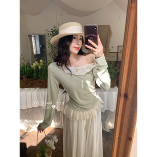 温柔甜美斜肩拼接小衫 N0023W 法式 依依家~氛围感轻松get春季