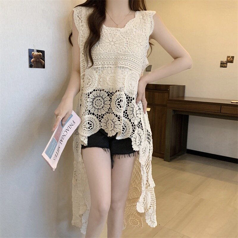 前短后长镂空针织罩衫背心女早秋法式宽松长款钩花无袖吊带衫上衣