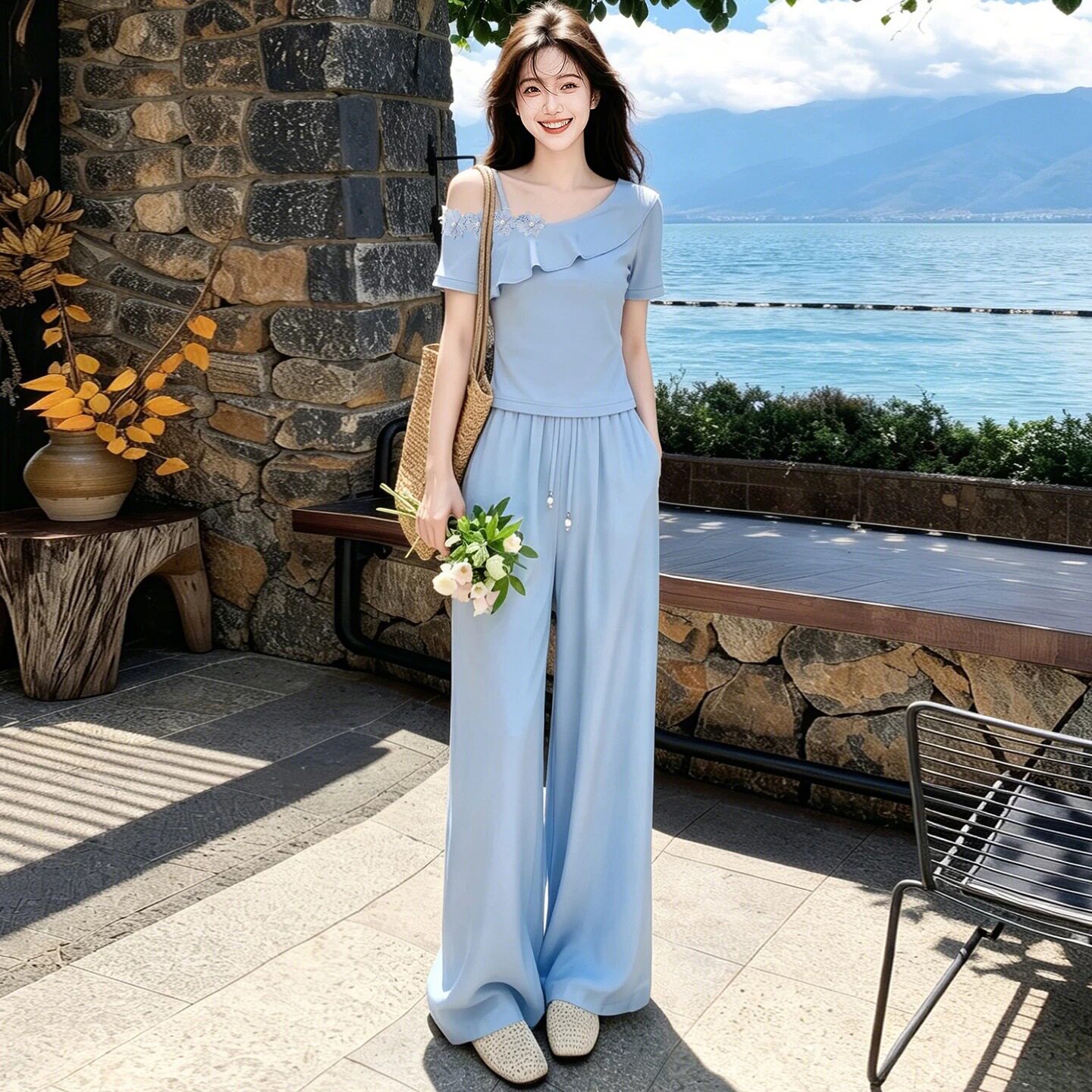韩系巨好看漂亮夏日套装女减龄法式绝美露肩上衣阔腿裤休闲两件套