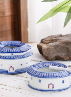 青花陶瓷烟灰盅客家元素陶泥土楼烟灰缸围龙屋烟盅摆件可拆洗烟缸