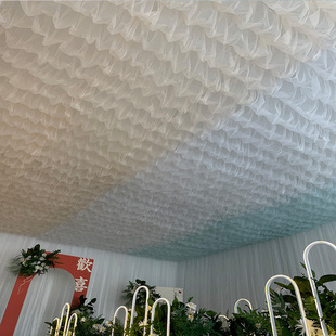 婚庆云顶纱彩虹色拼接吊顶婚礼堂棚顶装饰舞台顶部布置瑞士纱幔