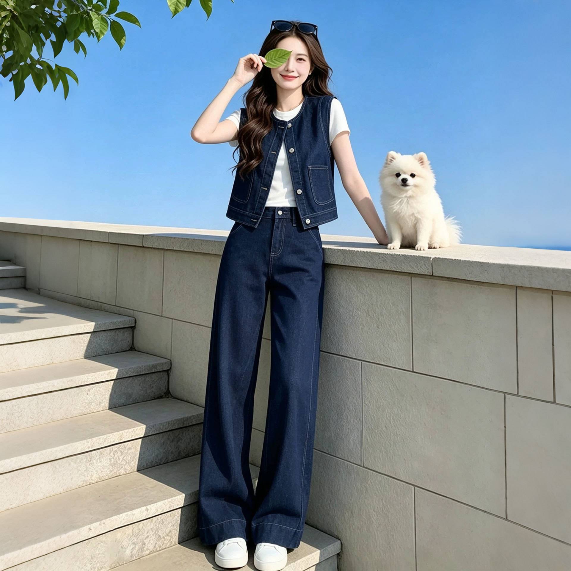 2026超火巨好看漂亮夏日套装女韩系减龄牛仔马甲上衣阔腿裤两件套