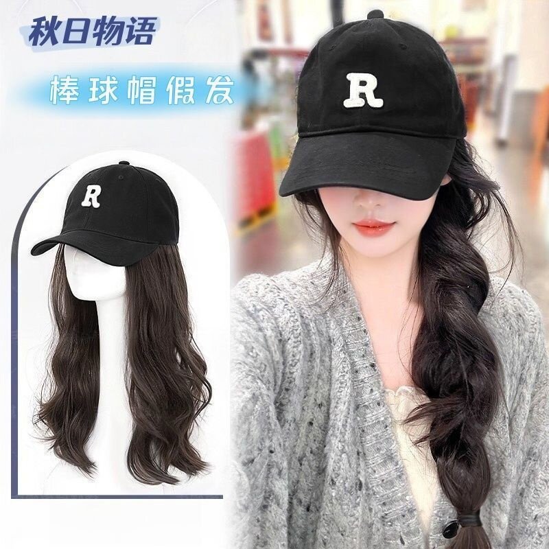 假发帽子女一体式R标字母棒球鸭舌帽卷发大波浪秋冬氛围感假发套