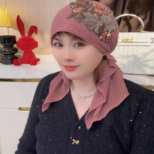 新款秋冬保暖飘带包头帽高端刺绣钉珠女帽子骑车遮白发百搭包头帽