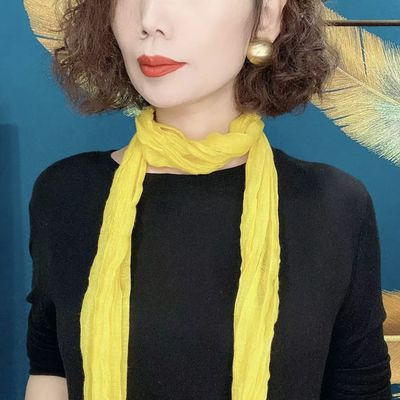 秋季2025新款纯色长条棉麻褶皱围巾女时尚百搭飘带丝巾护颈围脖