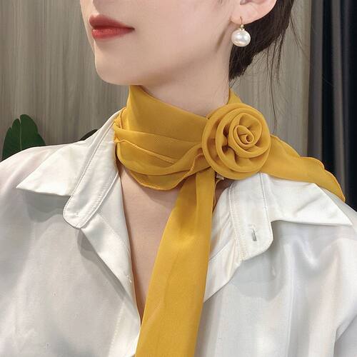 2026春夏新款韩版纯色玫瑰花朵丝巾女飘带百搭气质飘带护颈围巾
