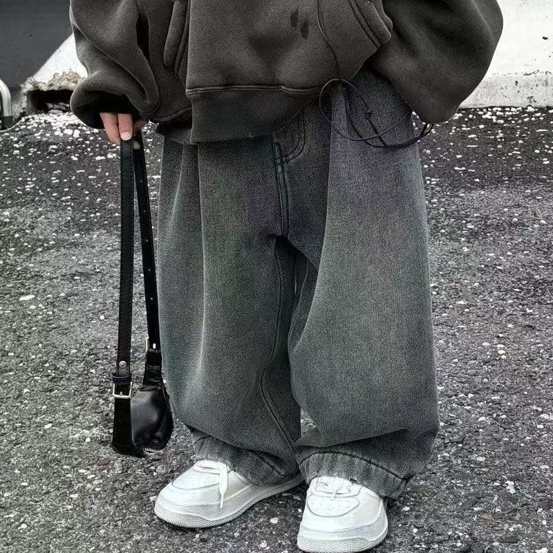 男童百搭复古加绒牛仔裤2026冬装新款痞帅儿童韩版一体绒休闲裤子