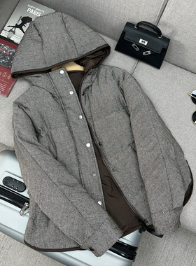 80灰鹅绒格雷系人字纹连帽保暖羽绒服短款时尚百搭两面穿夹克外套