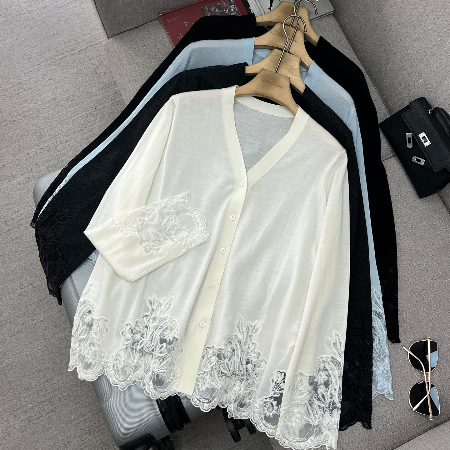 美利奴羊毛~法式V领蕾丝拼接针织衫开衫外套女单排扣宽松减龄上衣