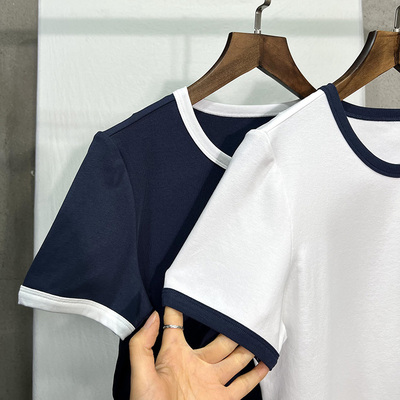 全棉显瘦百搭圆领撞色短袖T恤女
