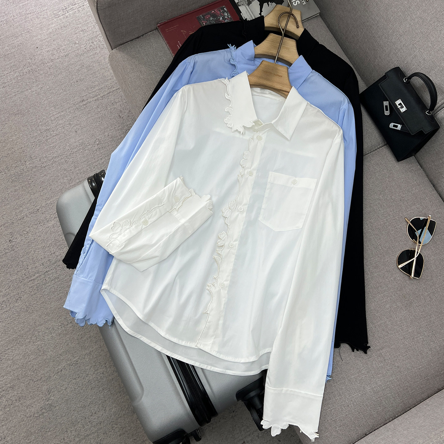 剪纸工艺花边重工刺绣复古口袋上衣简约翻领长袖衬衫显瘦百搭衬衣