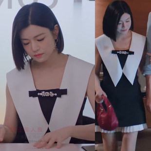 狙击蝴蝶陈妍希岑矜同款定制收腰显瘦拼色无袖黑色连衣裙2025新款