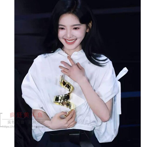 章若楠明星同款宽松抽绳泡泡袖设计感时尚白色衬衫短款上衣新款女