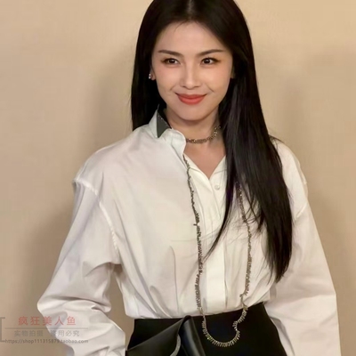 刘涛明星同款2025秋冬新款领子拼色白色衬衫长袖上衣气质职业装女