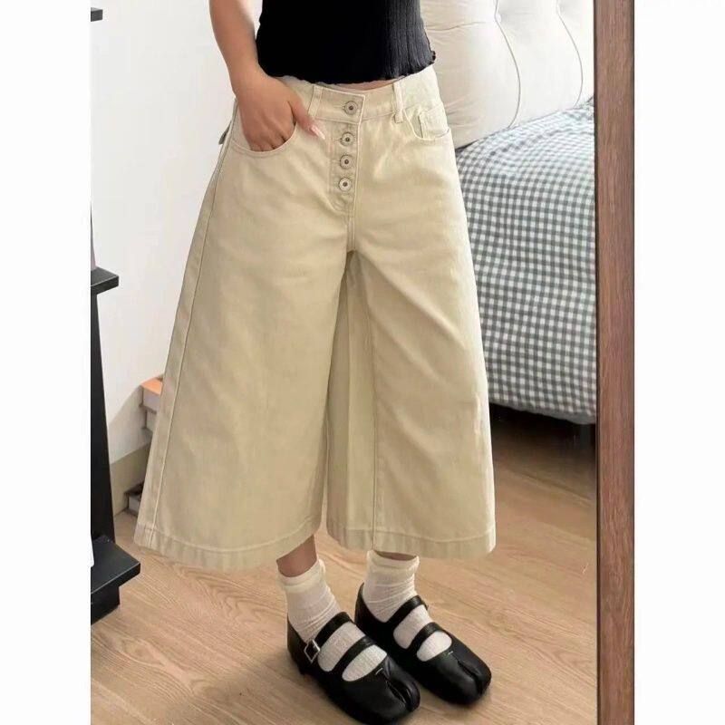 米黄色美式七分牛仔裤女夏季休闲牛仔裤