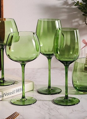 中古插棱绿色红酒杯水晶玻璃高脚杯家用葡萄酒杯香槟杯威士忌杯子