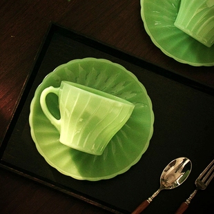 出口中古风家用奶玻璃咖啡杯绿色翡翠花茶玻璃杯子玉质杯碟子套装