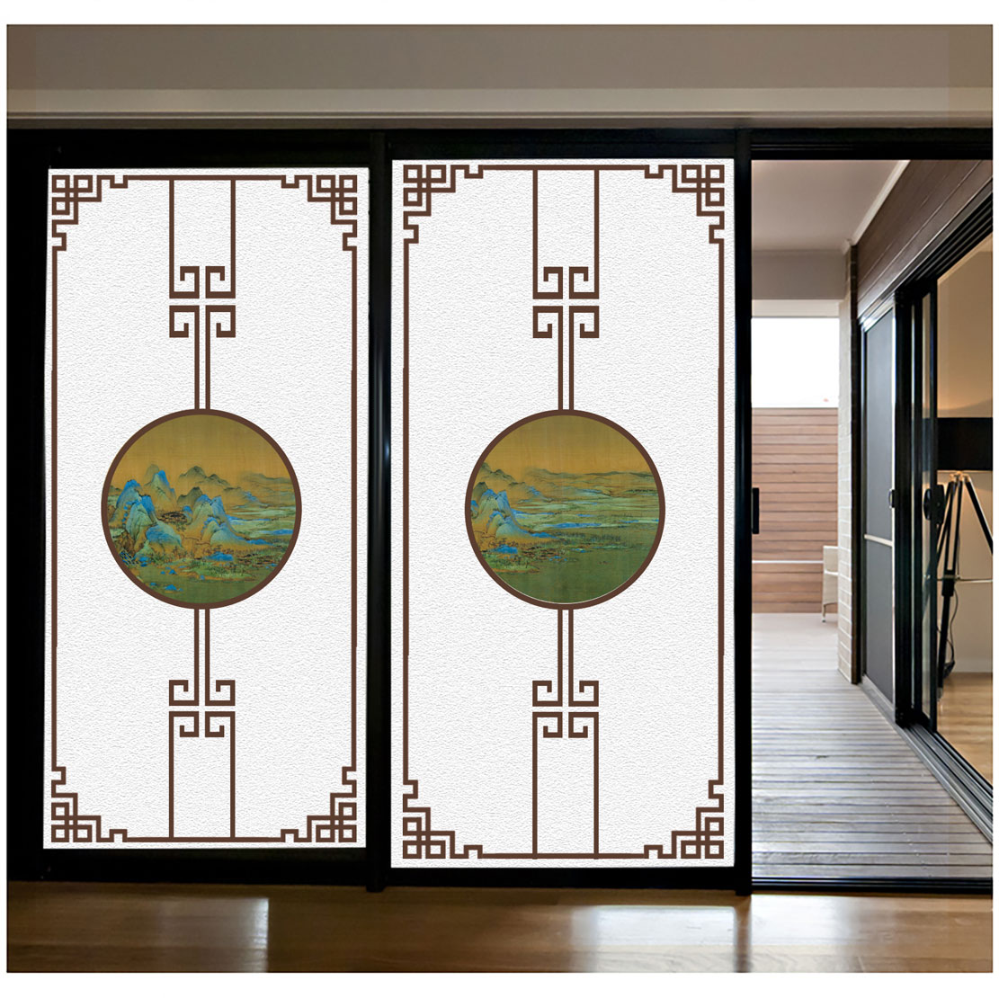 玻璃贴纸透光不透明新中式装饰画客厅阳台门窗国画千里江山图定制图片