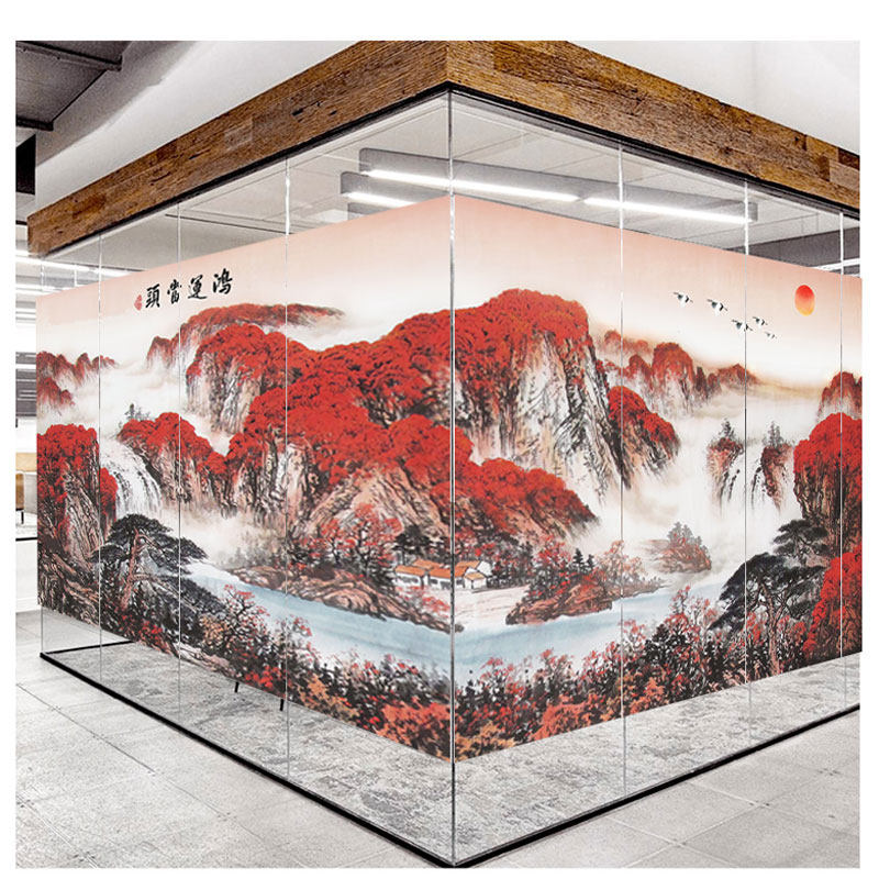 定制国画山水玻璃贴膜公司办公室玻璃墙门窗风水贴纸中国风静电贴