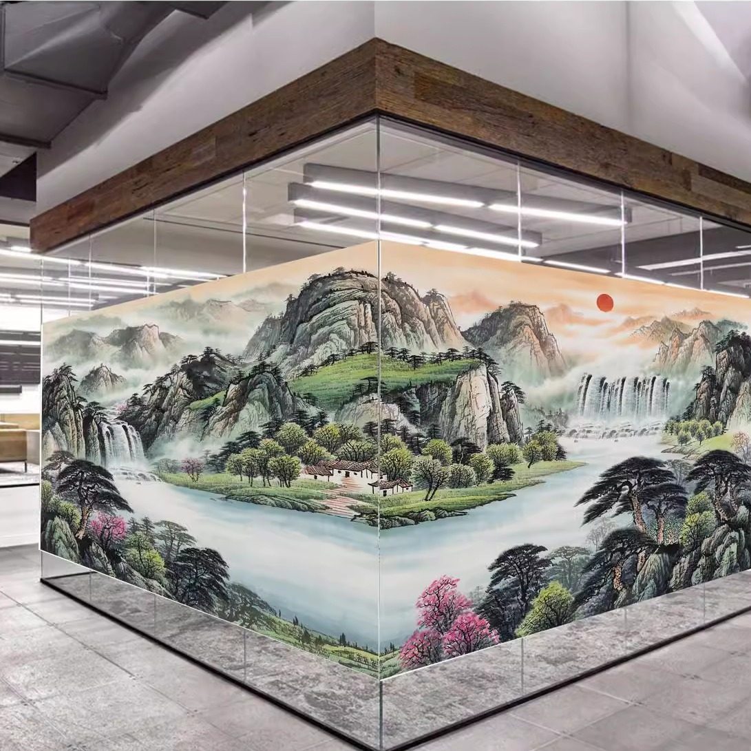 定制聚宝盆山水画靠山图玻璃静电贴膜办公室门窗户透光不透明贴画,家居饰品,玻璃膜/贴,淘宝优惠券,粉丝福利购,淘宝优惠卷