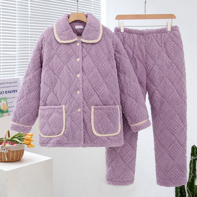 棉袄服珊瑚绒夹棉睡衣女套装三层加厚可外穿冬家居服冬款加绒保暖