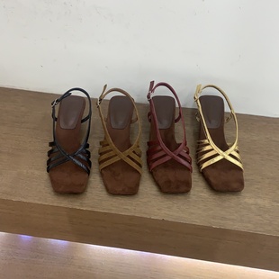 百搭露趾配裙子高跟鞋 女2026新款 方头编织一字带坡跟罗马凉鞋 法式