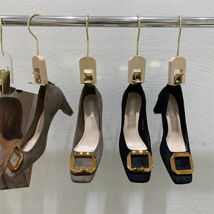 单鞋女中跟气质金属扣2025年早春百搭款OL绒面低帮鞋单鞋女鞋