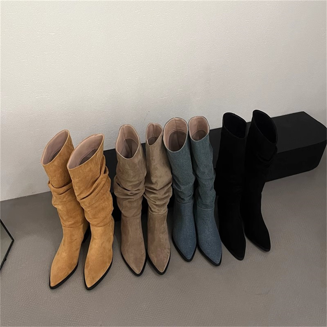 高跟绒面西部中长靴女鞋2025新款秋冬季加绒尖头堆堆长筒骑士靴子,女鞋,时装靴,淘宝优惠券,粉丝福利购,淘宝优惠卷