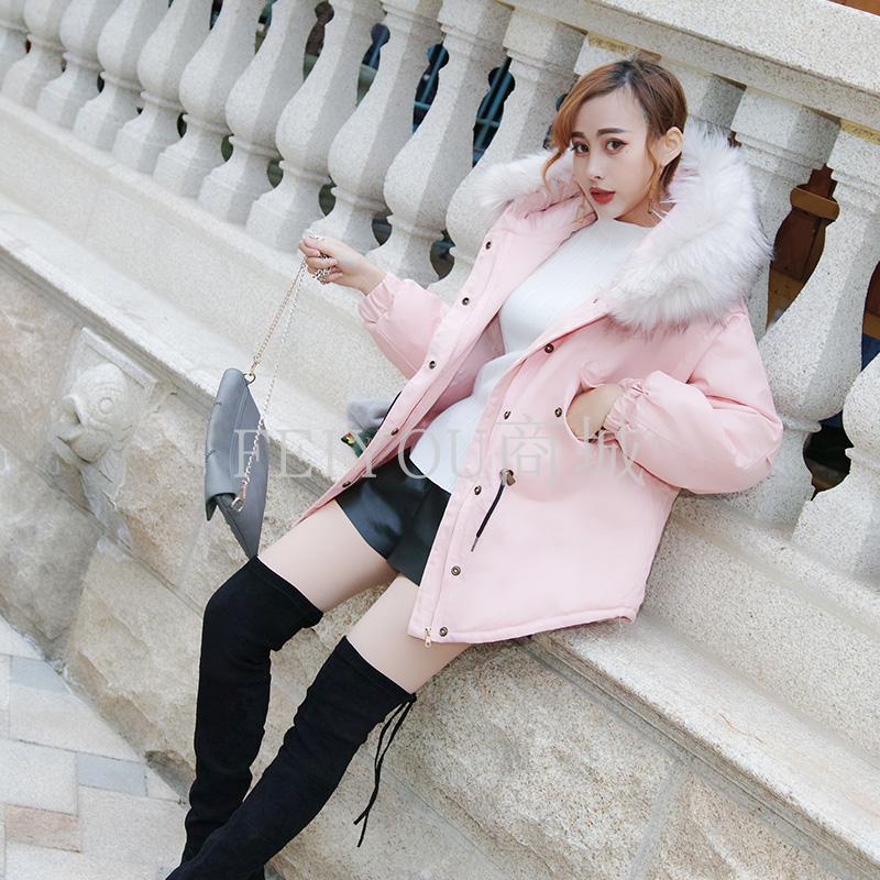 冬装2018新款韩版连帽大毛领粉色羽绒棉衣女装ifashion棉服外套