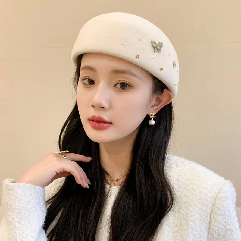 秋冬法式轻奢水钻装饰羊毛呢贝雷帽女洋气百搭南瓜帽优雅气质礼帽