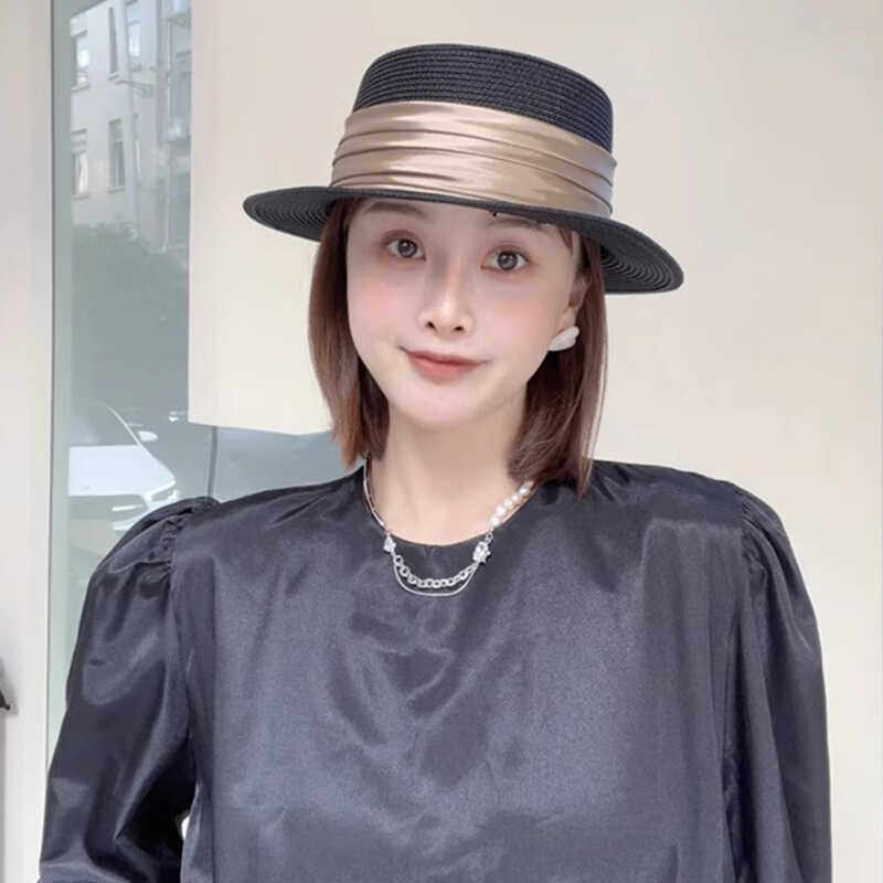 平顶小礼帽草帽沙滩帽女夏天海边遮阳帽小檐帽草编帽复古法式帽子