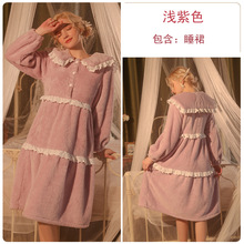 W2944瑰若 品牌法兰绒蕾丝拼接甜美娃娃领可外穿睡裙女家居服套装