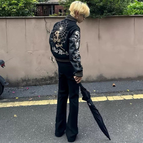 靠谱青年恶魔箭头刺绣棒球服男春秋美式AC夹克宽松休闲情侣外套潮