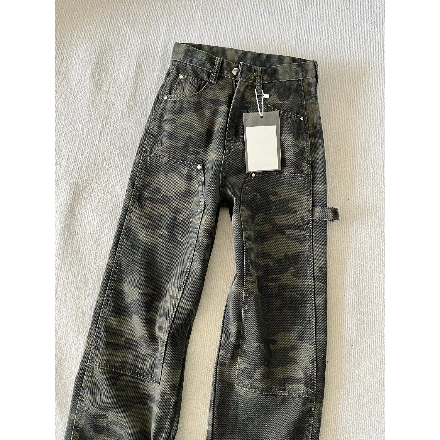 美式复古微喇迷彩裤子男款春季斜切直筒伐木工装裤vibe弯刀牛仔裤