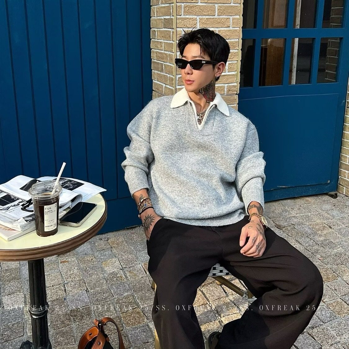 韩都有货西西里男装英伦风羊毛翻领假两件重磅毛衣男高智感穿搭潮