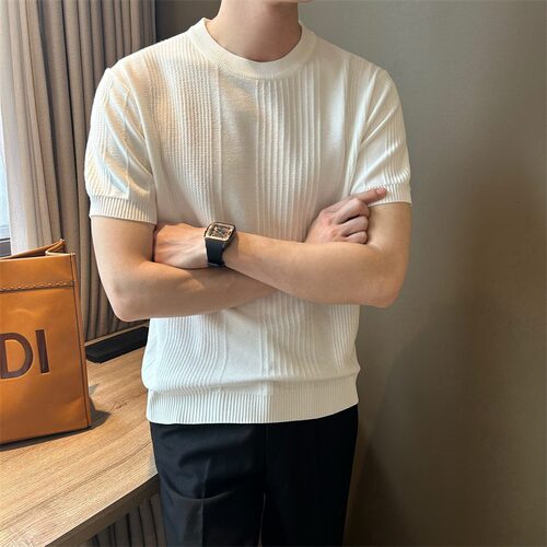 LUUD 百搭圆领短袖针织衫竖坑条纹肌理休闲叠穿原色纱打底小衫男