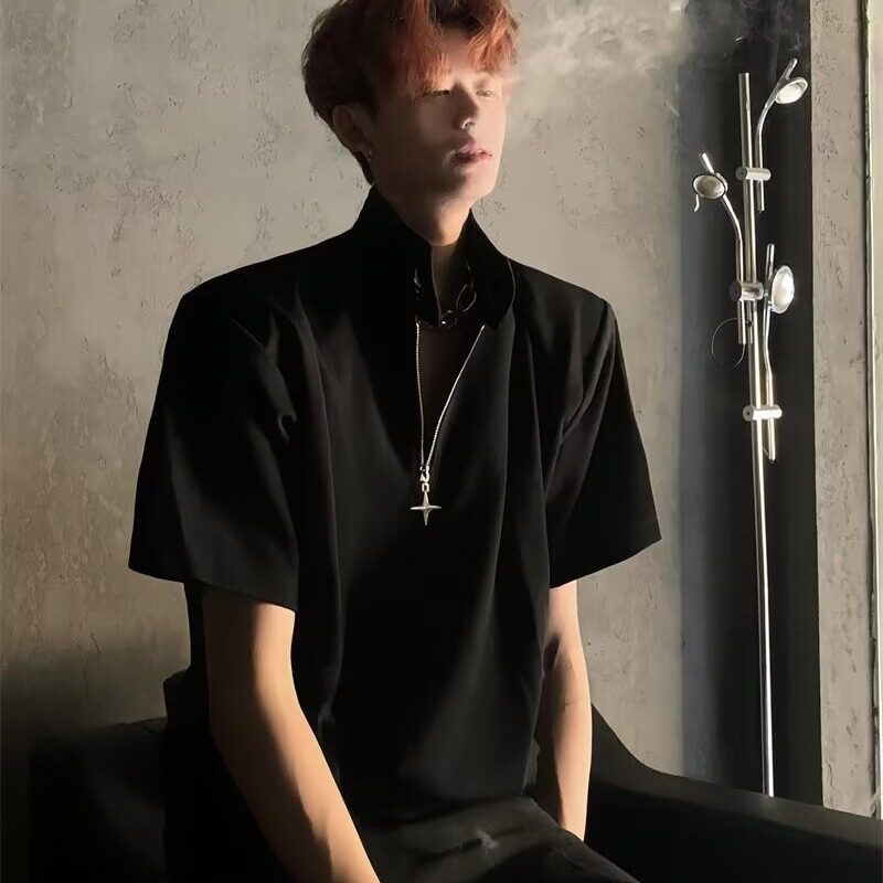 小众设计感半拉链立领t恤男夏季美式高街重磅垫肩短袖高级感半袖