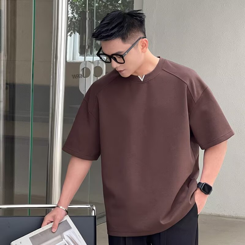 二十二号穿搭【显肩宽小V设计款】夏季男士短袖T恤高级感宽松上衣