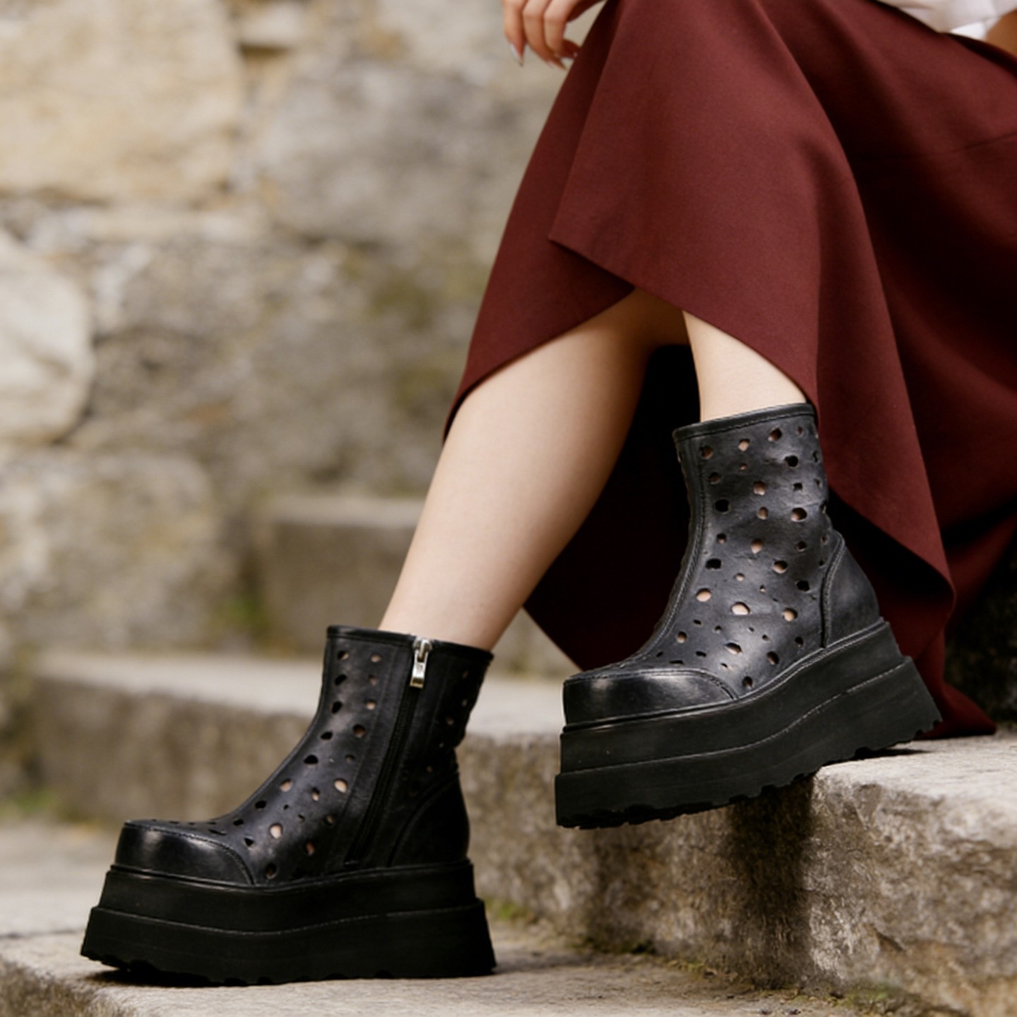 复古真皮镂空洞洞凉鞋女2025春夏新款小个子增高厚底大圆头凉靴子,女鞋,时装凉鞋,淘宝优惠券,粉丝福利购,淘宝优惠卷