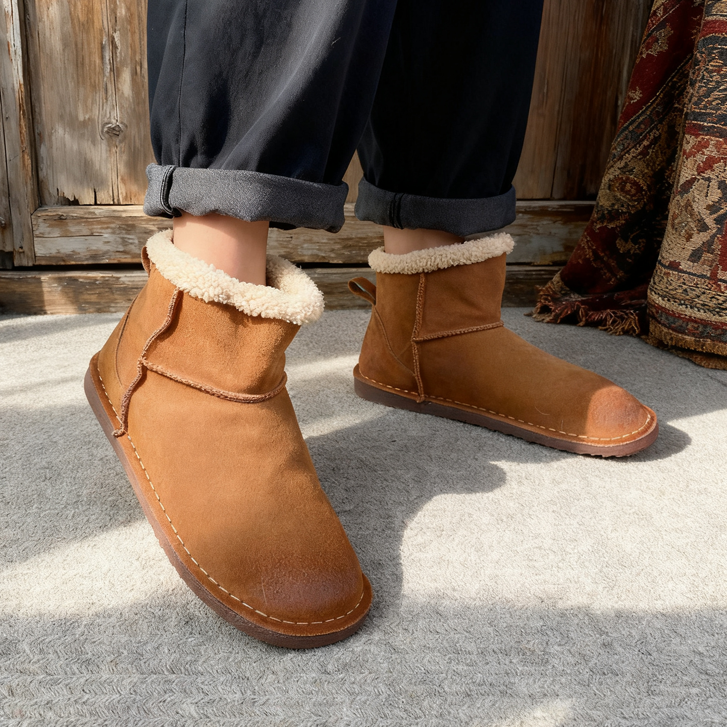 复古真皮加绒毛毛妈妈棉鞋