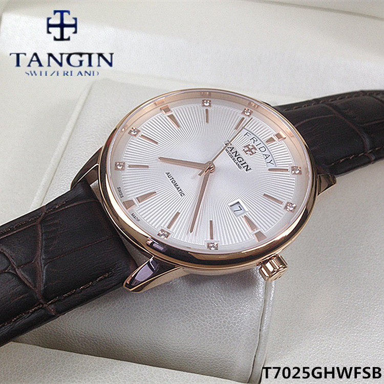 tangin机械全自动圆形真皮情侣表