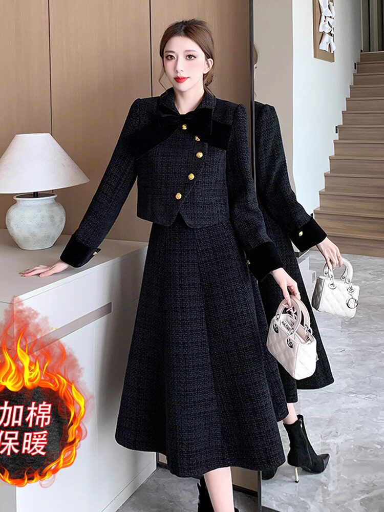 加厚毛呢长款冬裙套装两件套韩剧女主穿搭高级感小香风冬季连衣裙