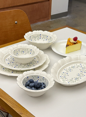 秒变高级西餐厅！法式复古蓝色花枝陶瓷盘陶瓷碗碗盘套装组合家用