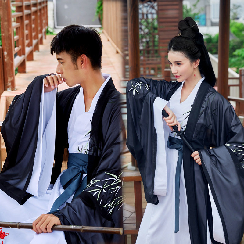 直裾青玉刺绣花竹叶魏晋风大袖衫男女情侣cp武侠风日常古装汉服