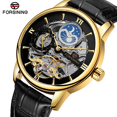 新款 forsining  欧美风范男士时尚休闲镂空月相 自动机械手表