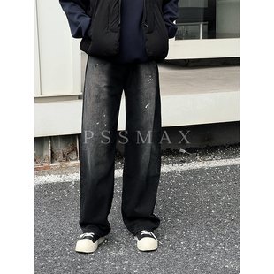 胖俗俗PSSMAX 早秋重工墨迹点染牛仔裤男大码微胖透气直筒长裤